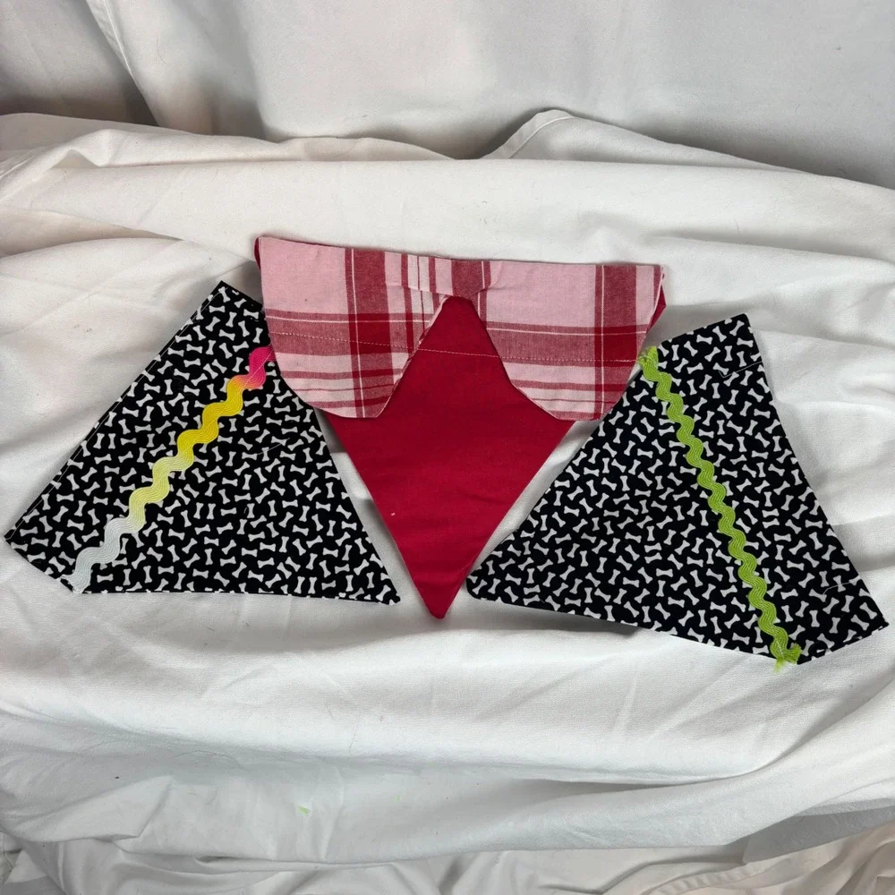 Handmade Dog Bandana Set of‎ 3 Pink Plaid Collar & Paws Print Rickrack Trim Sz L